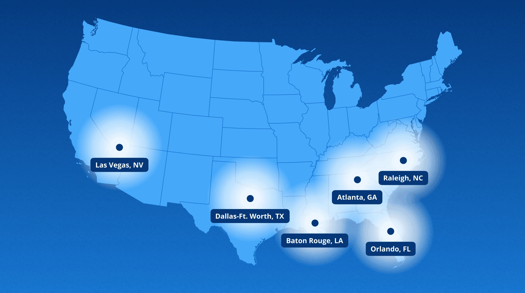 Map of the continental United States marking DRG Event Solutions locations in Las Vegas, NV; Dallas-Ft. Worth, TX; Baton Rouge, LA; Atlanta, GA; Raleigh, NC; and Orlando, FL.