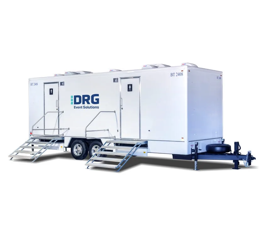 Exterior of the 10-Stall Restroom Trailer with stairs at both entrances.