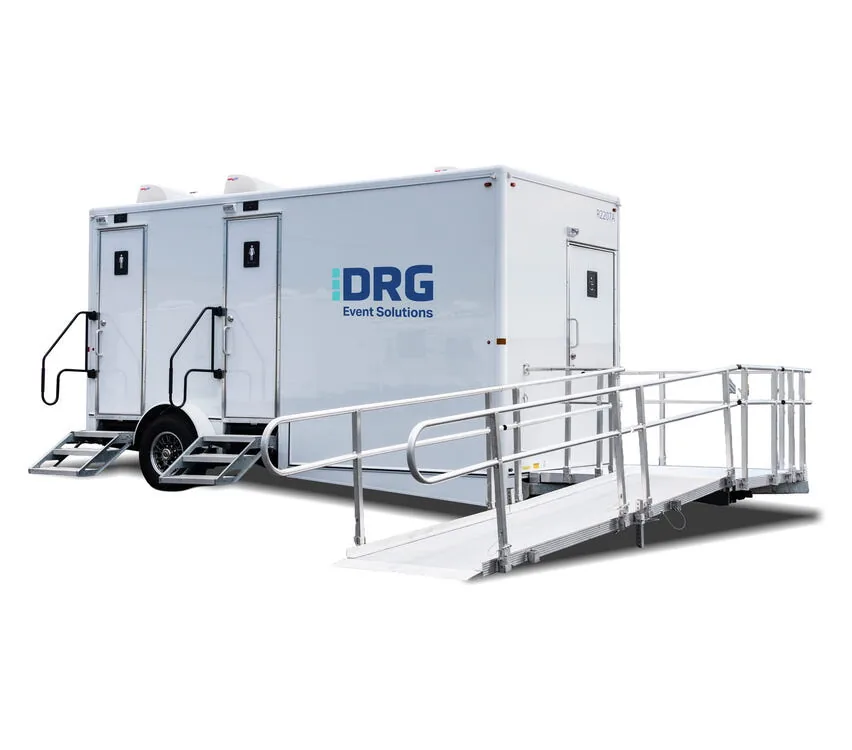 Exterior of the ADA + 2-Stall Restroom Trailer with its access ramp.