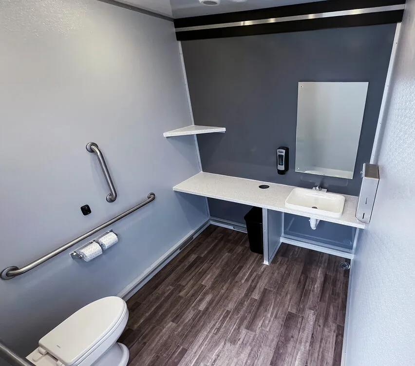 ADA stall with toilet and accessible sink.