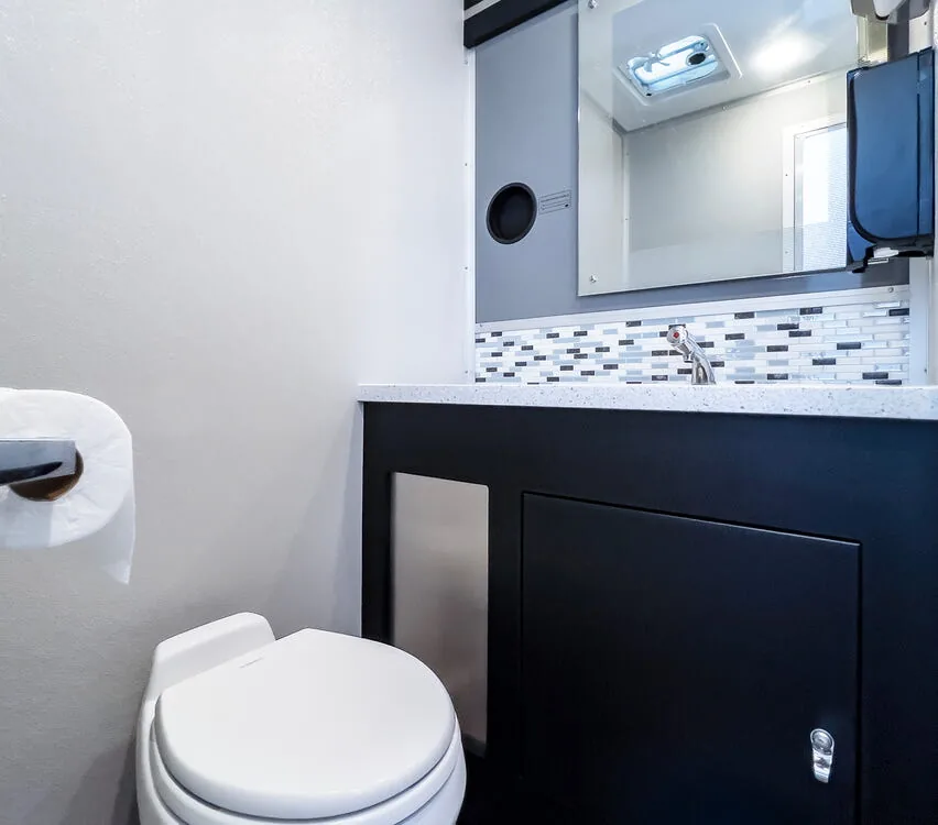 Porcelain toilet beside a vanity.