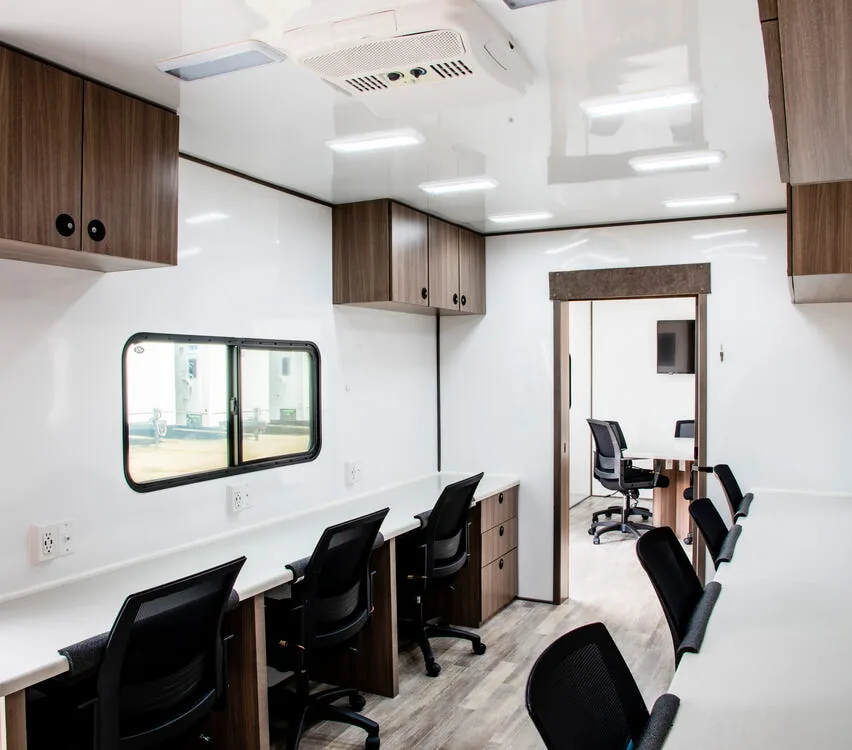 Workstations and cabinet storage.
