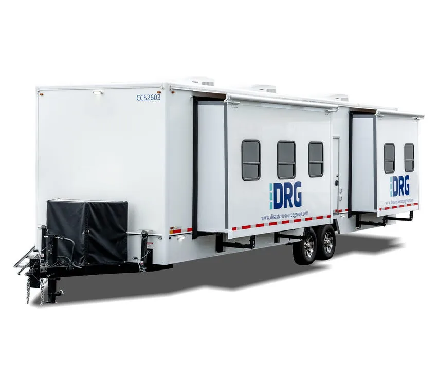 Exterior of the 32-ft Command Trailer with its slide outs extended.