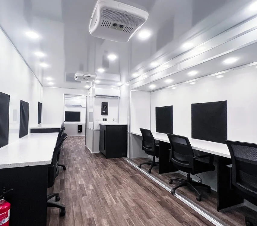 Workstations along the slide-out walls.