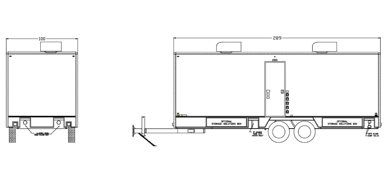 10-Stall Restroom Trailer exterior view: front & roadside.