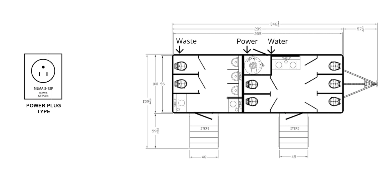 10-Stall Restroom Trailer plan view: dimensions & utilities.
