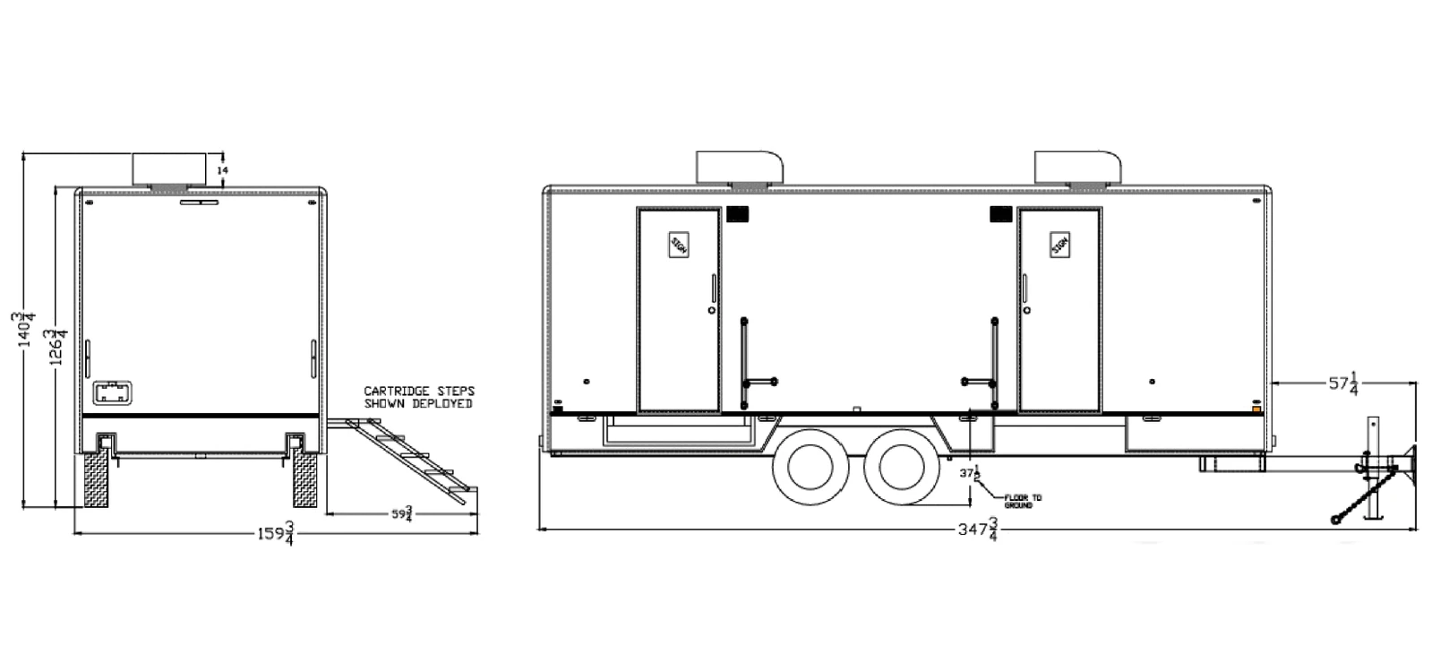 10-Stall Restroom Trailer exterior view: rear & curbside.