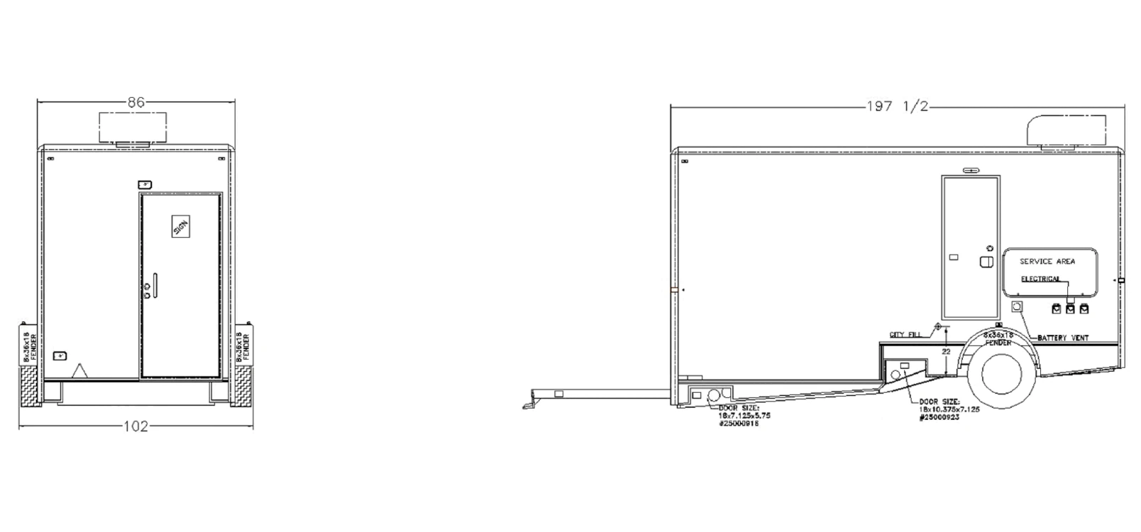 ADA + 2-Stall Restroom Trailer exterior view: front & roadside.