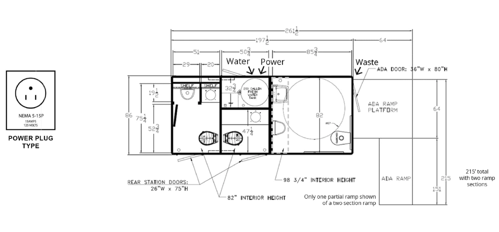 ADA + 2-Stall Restroom Trailer plan view: dimensions & utilities.