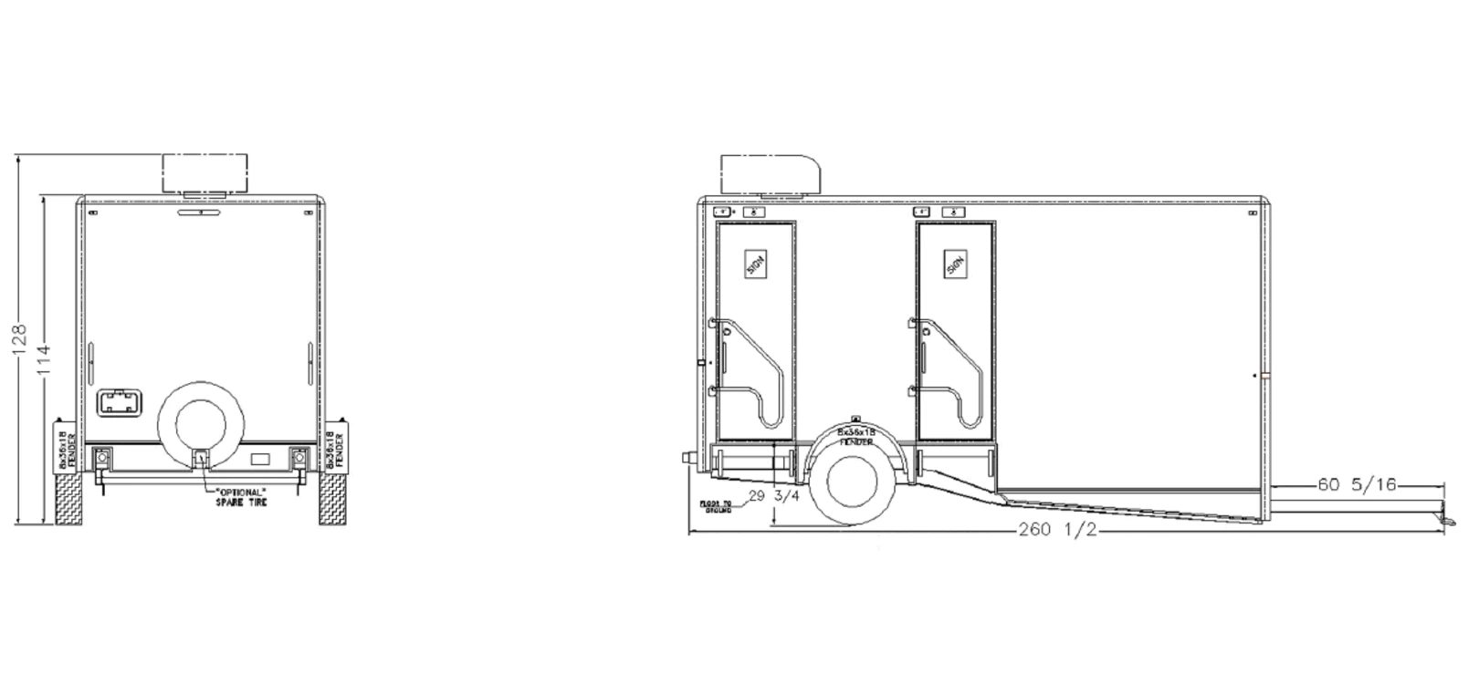 ADA + 2-Stall Restroom Trailer exterior view: rear & curbside.