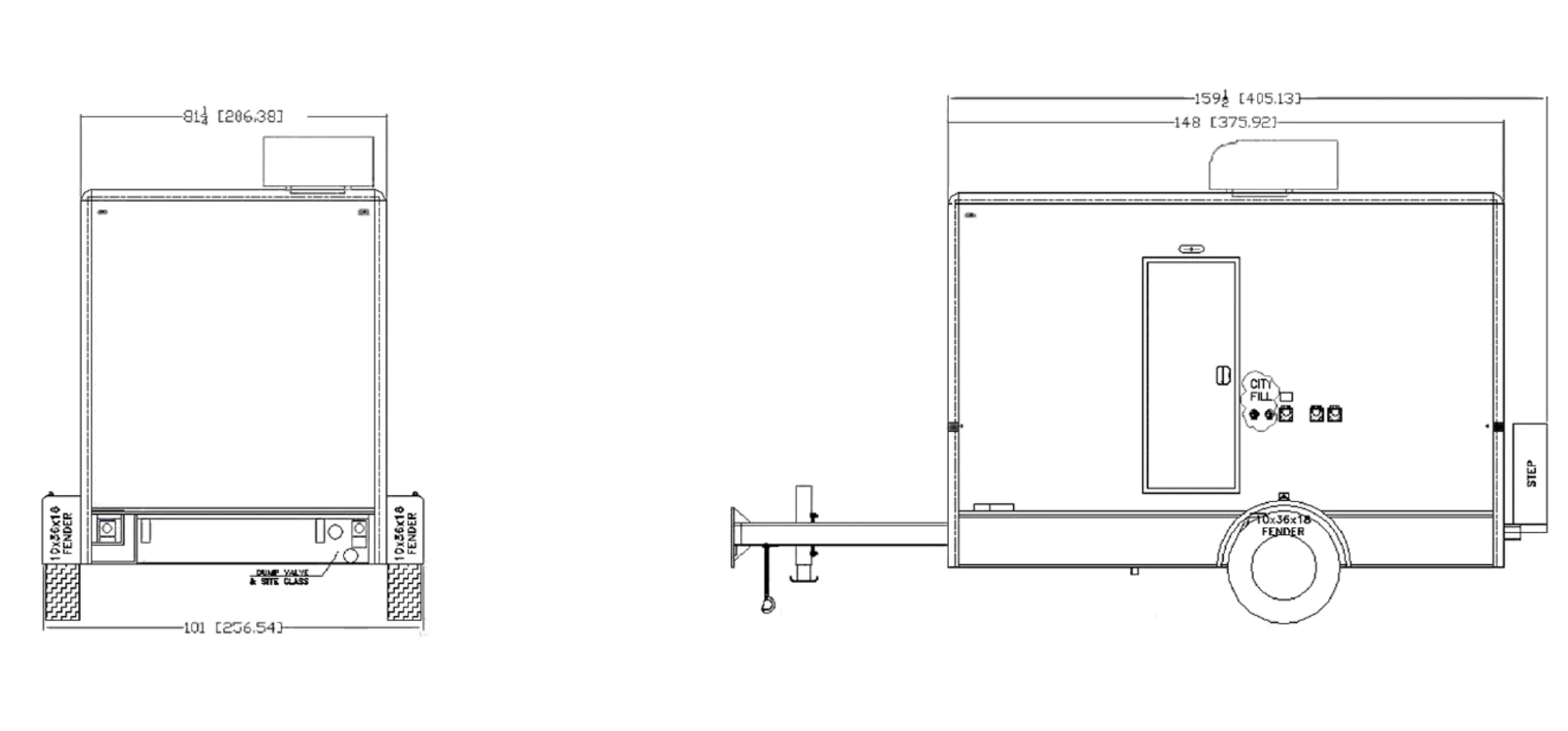 4-Stall Restroom Trailer exterior view: front & roadside.
