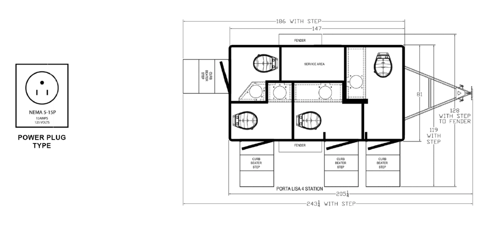 4-Stall Restroom Trailer plan view: dimensions & utilities.