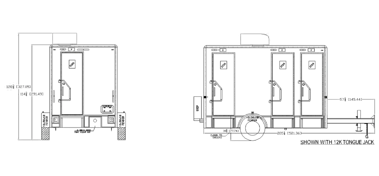 4-Stall Restroom Trailer exterior view: rear & curbside.