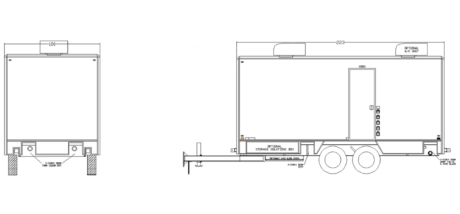 8-Stall Restroom Trailer exterior view: front & roadside.