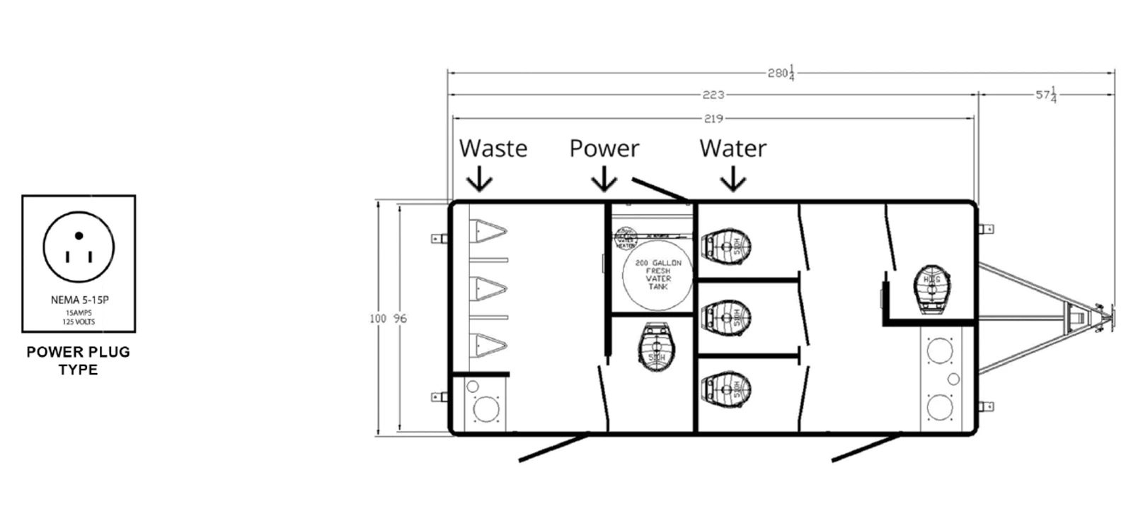 8-Stall Restroom Trailer plan view: dimensions & utilities.