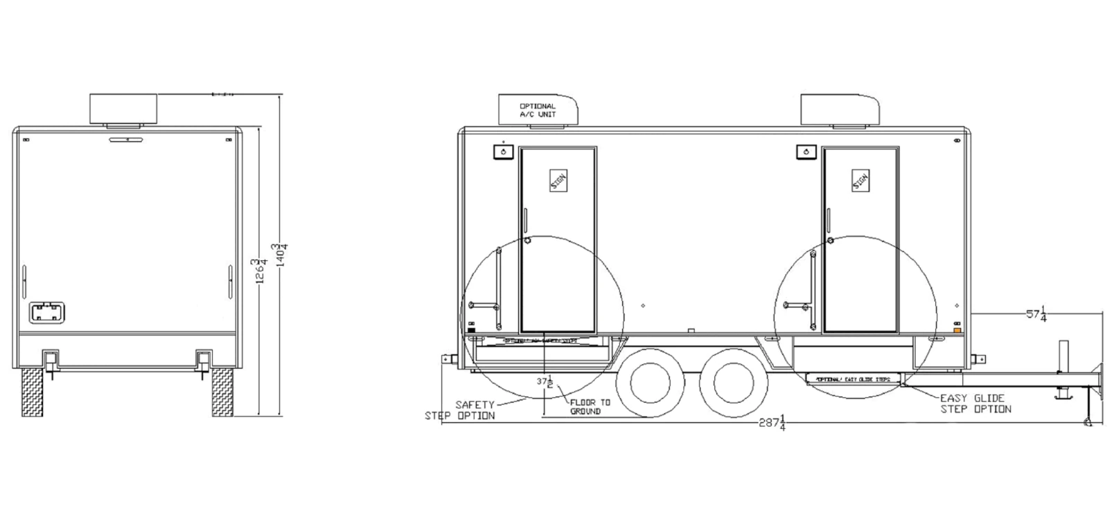 8-Stall Restroom Trailer exterior view: rear & curbside.