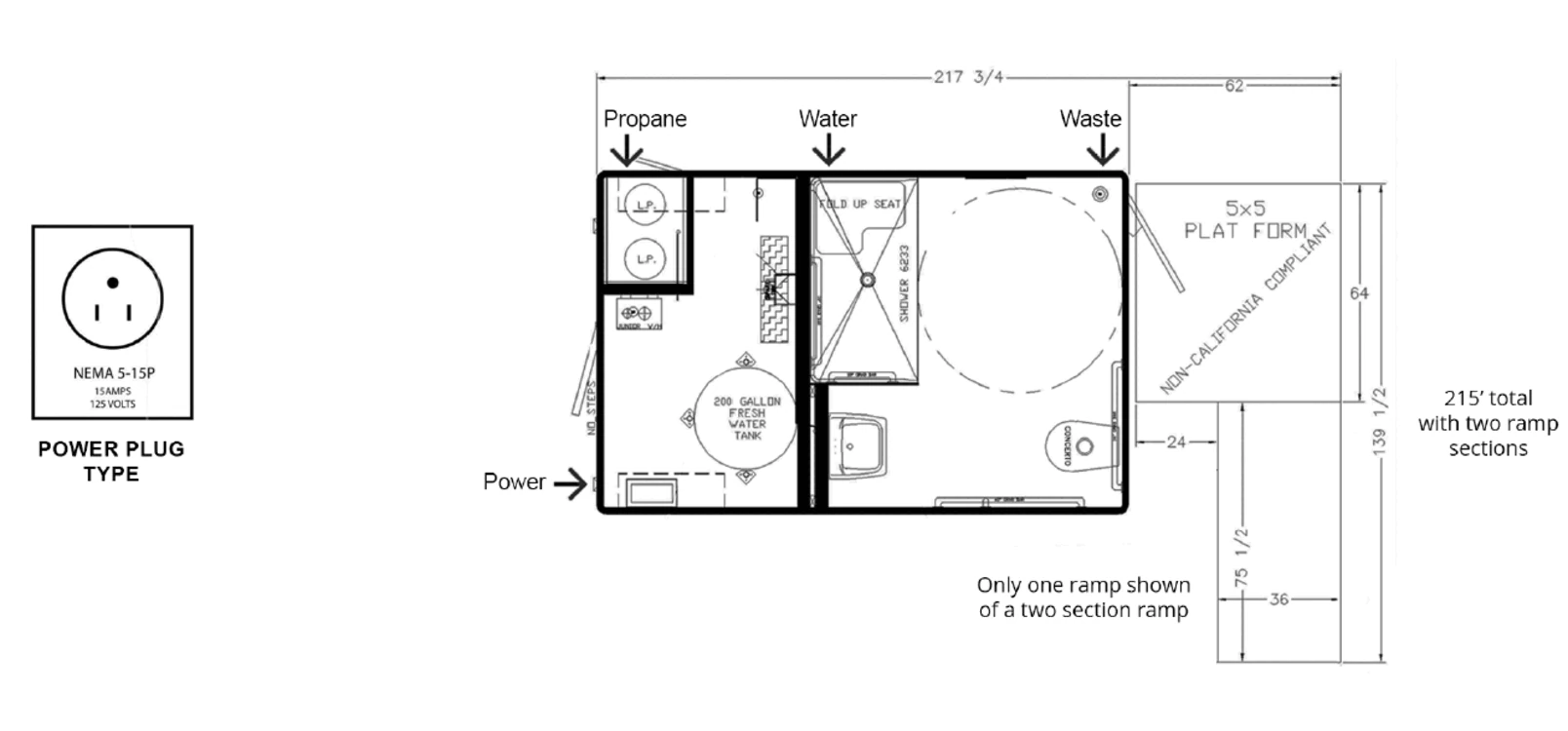 1-Stall ADA Combo Shower Trailer plan view: dimensions & utilities.