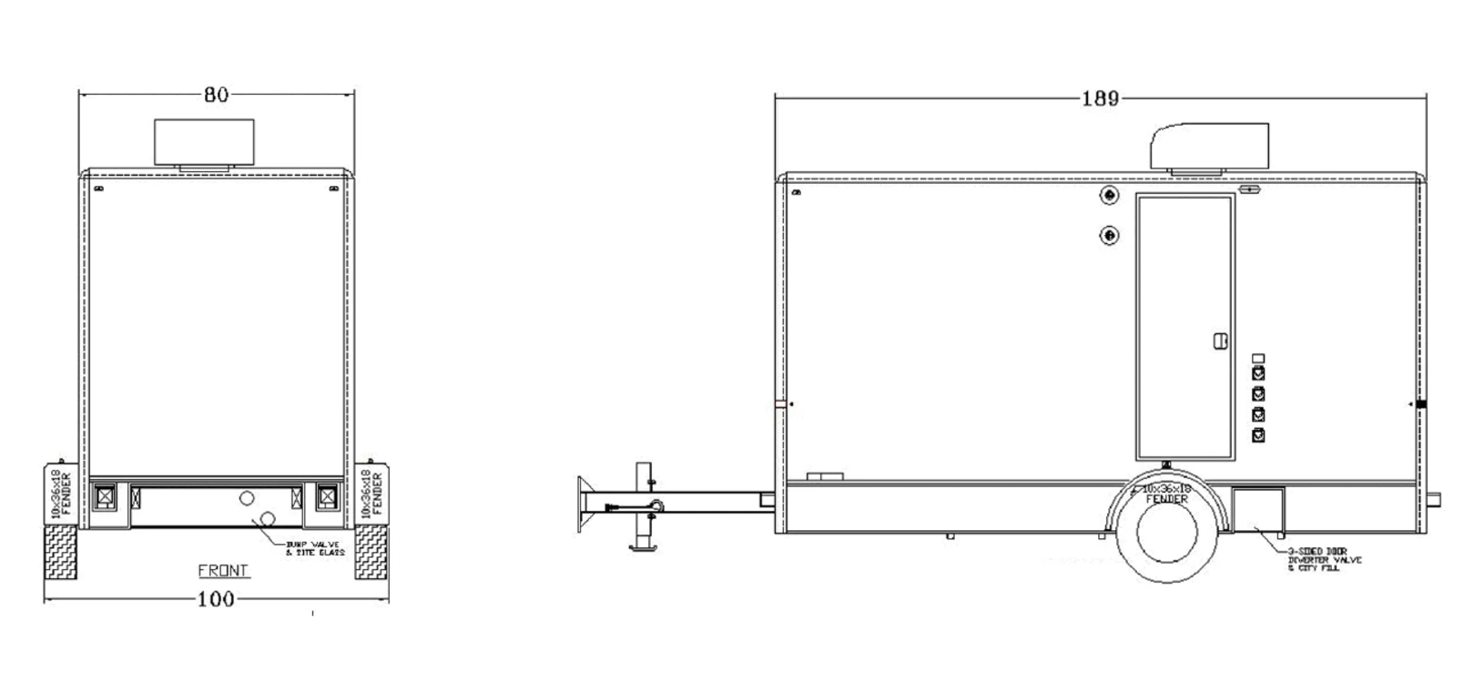 3-Stall Combo Shower Trailer exterior view: front & roadside.