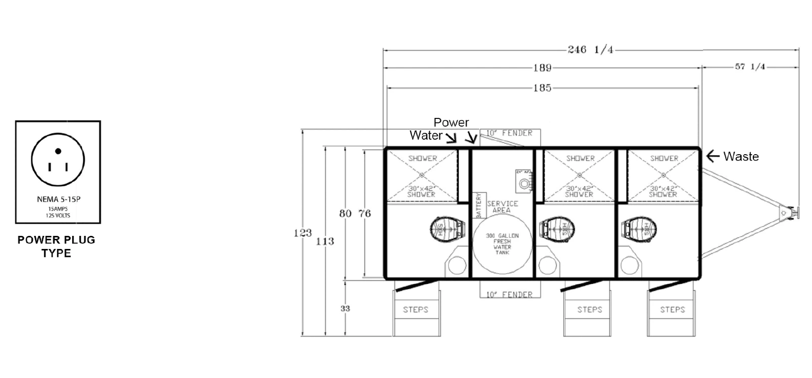 3-Stall Combo Shower Trailer plan view: dimensions & utilities.