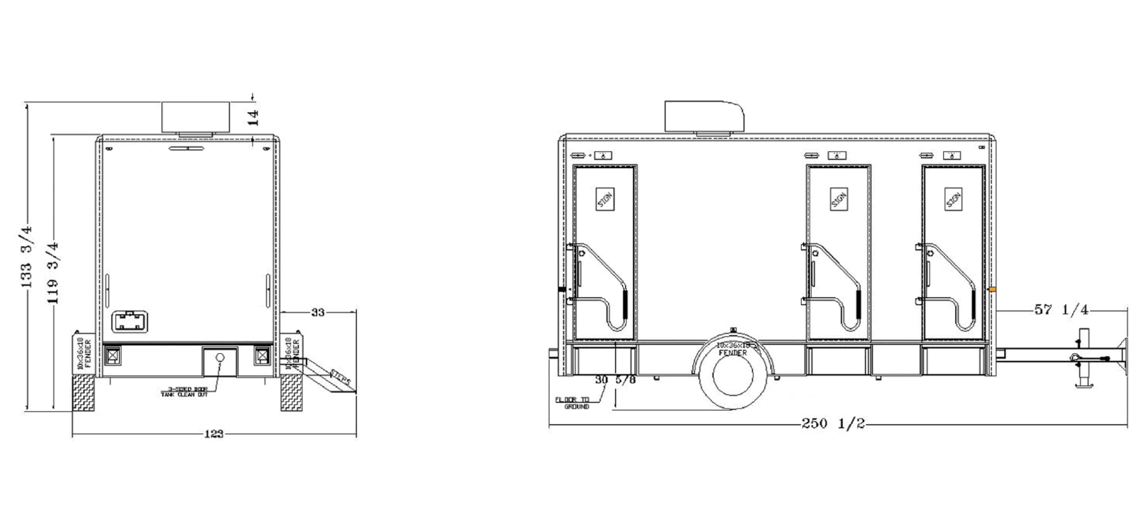 3-Stall Combo Shower Trailer exterior view: rear & curbside.