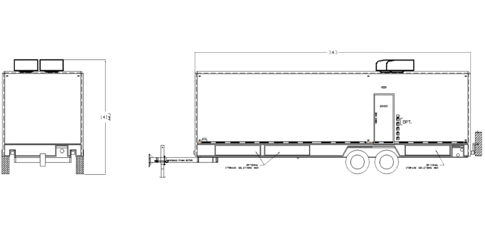 8-Stall Shower Trailer exterior view: front & roadside.