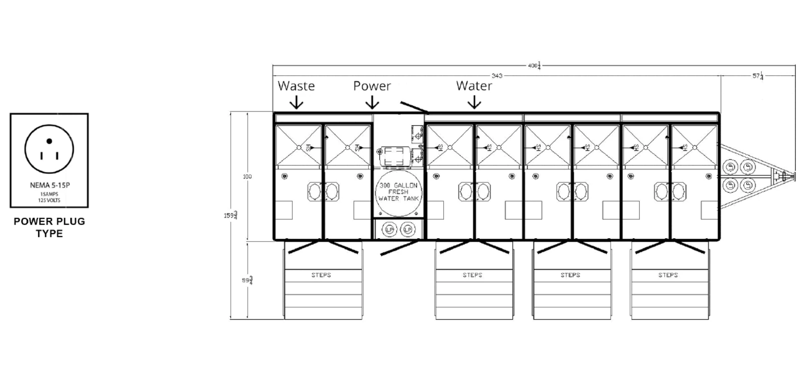 8-Stall Shower Trailer plan view: dimensions & utilities.