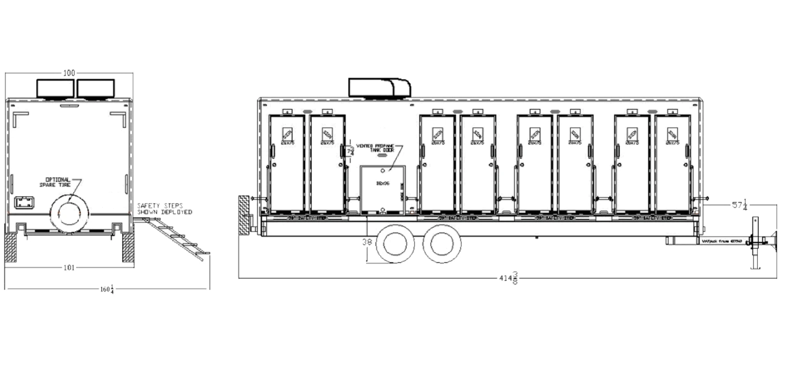 8-Stall Shower Trailer exterior view: rear & curbside.