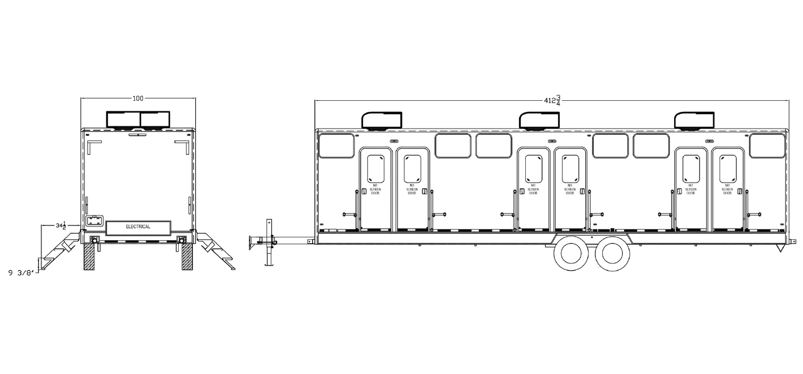 12-Bed Individual Room Sleeper Trailer exterior view: front & roadside.