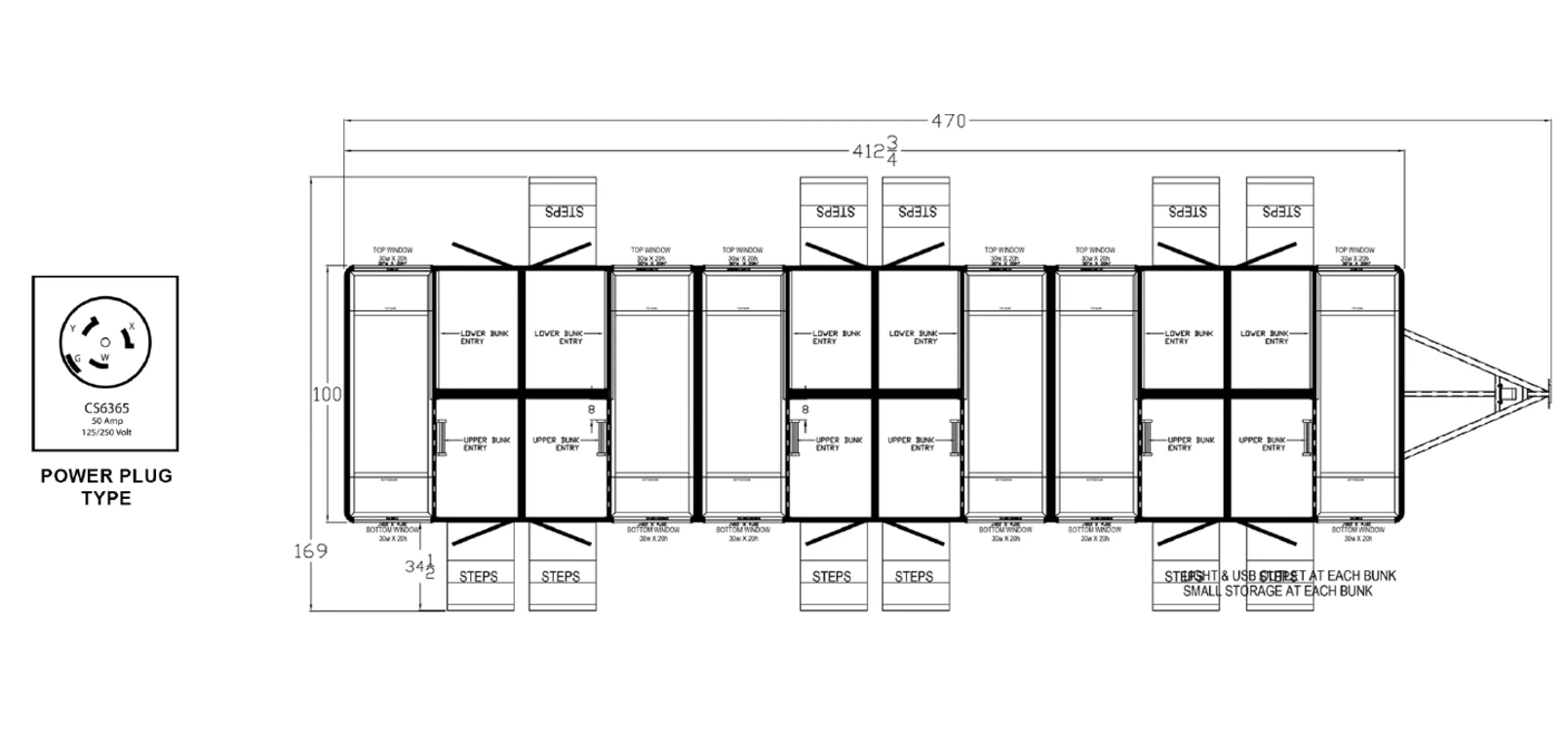 12-Bed Individual Room Sleeper Trailer plan view: dimensions & utilities.