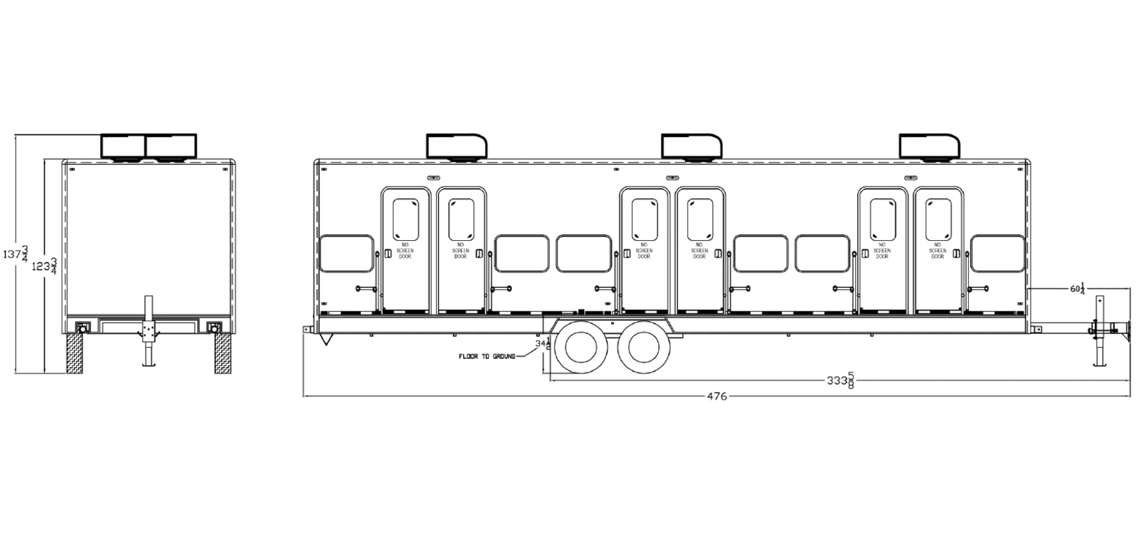 12-Bed Individual Room Sleeper Trailer exterior view: rear & curbside.