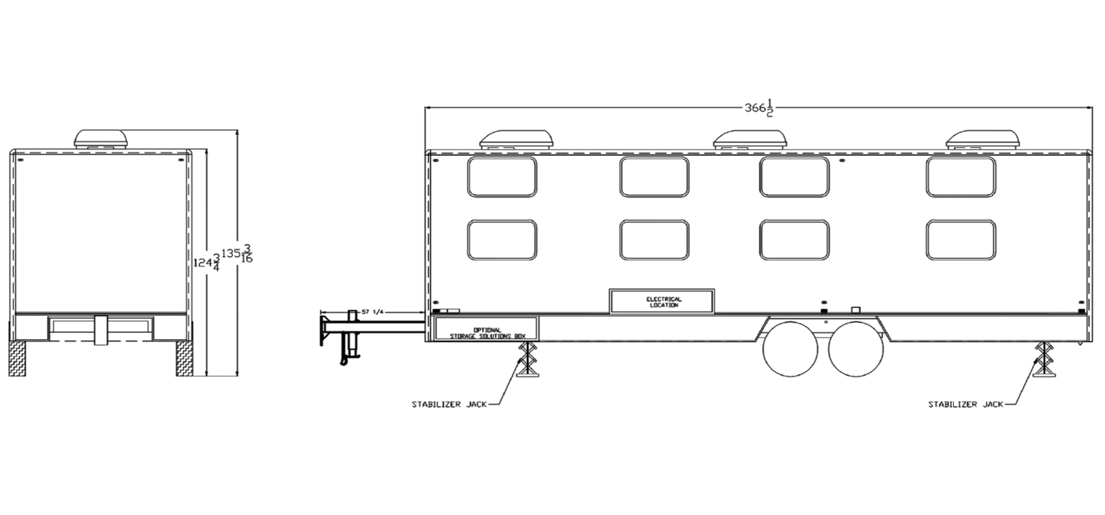 16-Bed Sleeper Trailer exterior view: front & roadside.