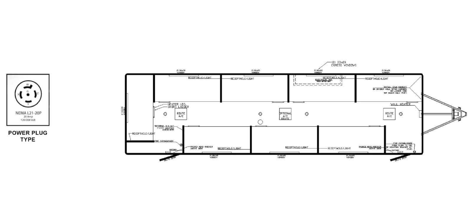 16-Bed Sleeper Trailer plan view: dimensions & utilities.