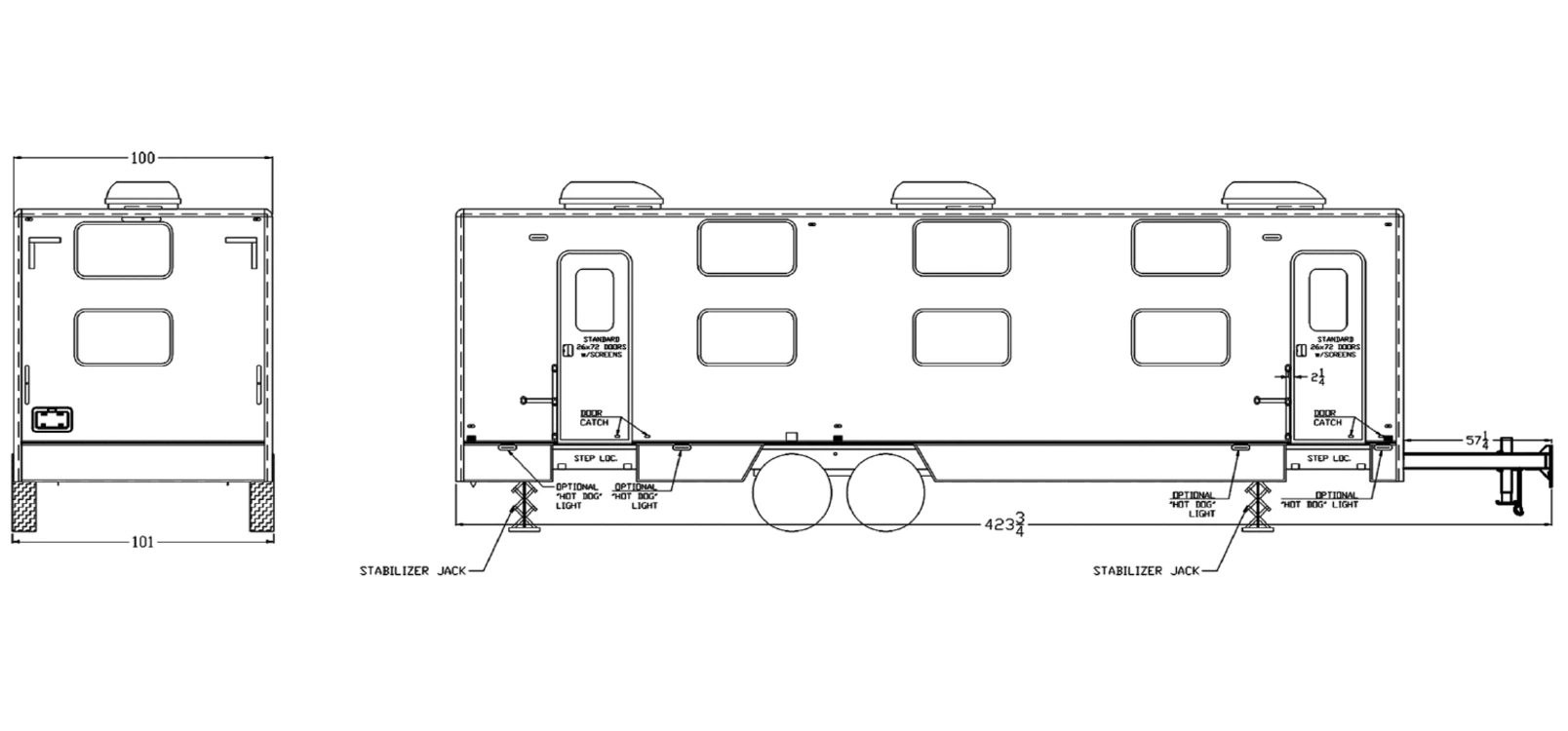 16-Bed Sleeper Trailer exterior view: rear & curbside.