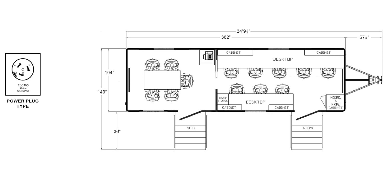 30-ft Command Trailer plan view: dimensions & utilities.