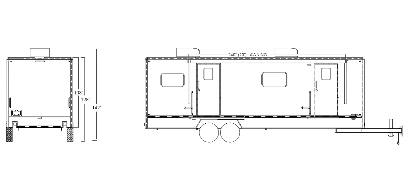 30-ft Command Trailer exterior view: rear & curbside.