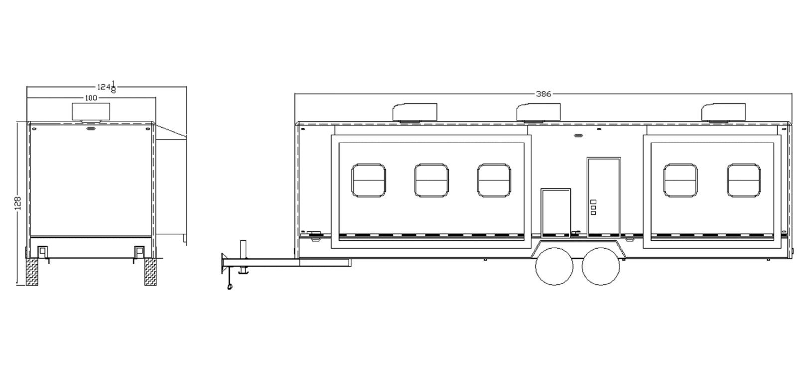 32-ft Command Trailer with Slide Out exterior view: front & roadside.