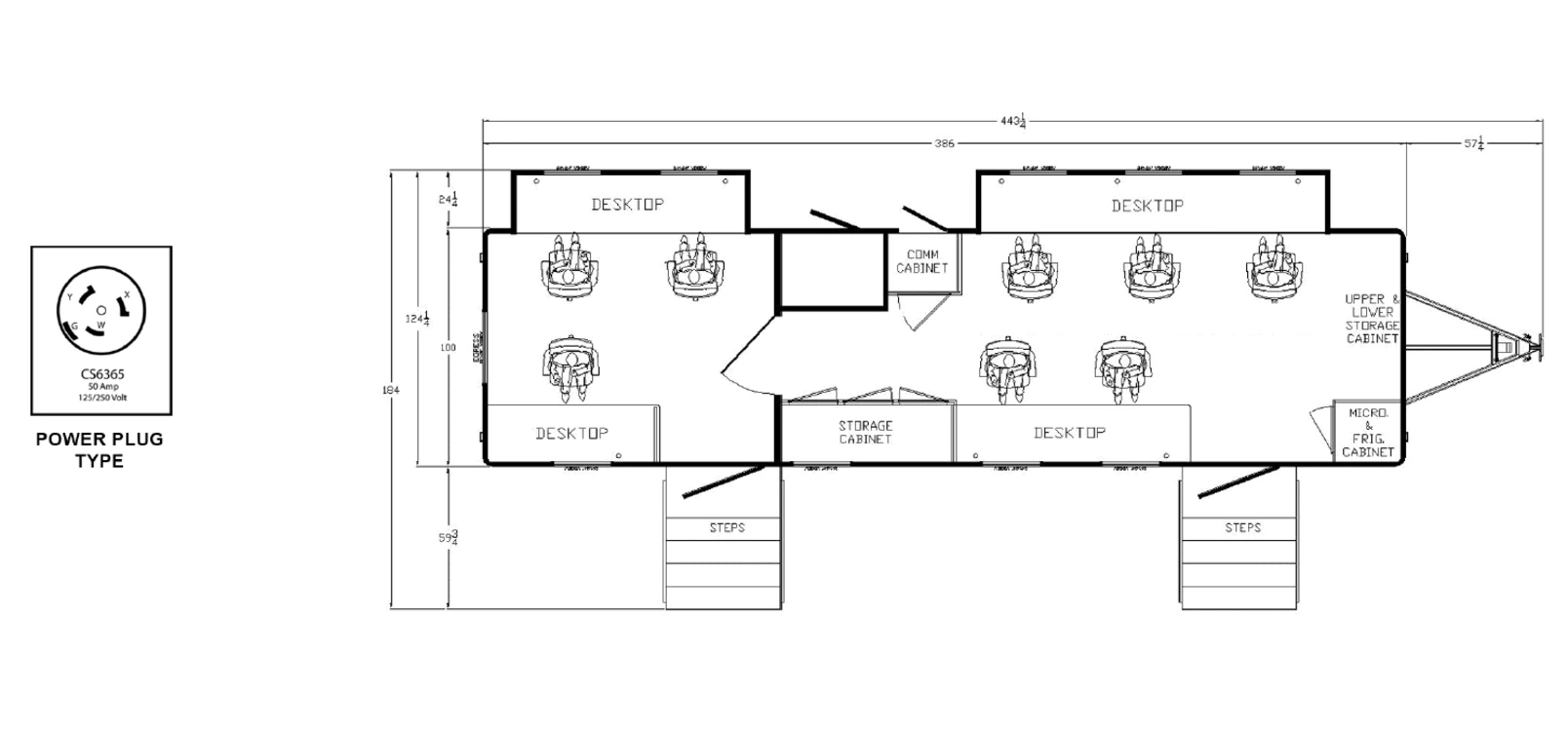 32-ft Command Trailer with Slide Out plan view: dimensions & utilities.
