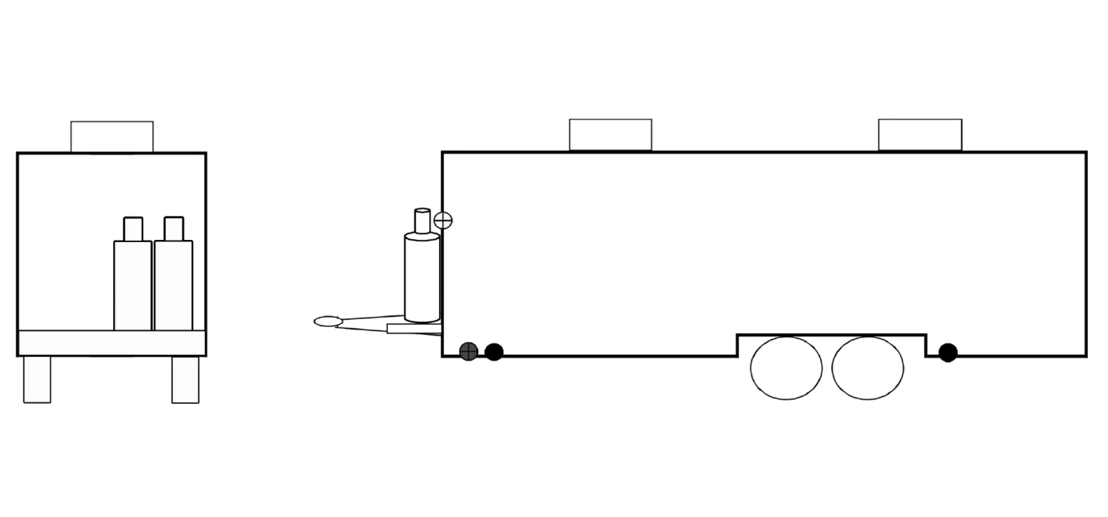 Dishwash Trailer exterior view: front & roadside.