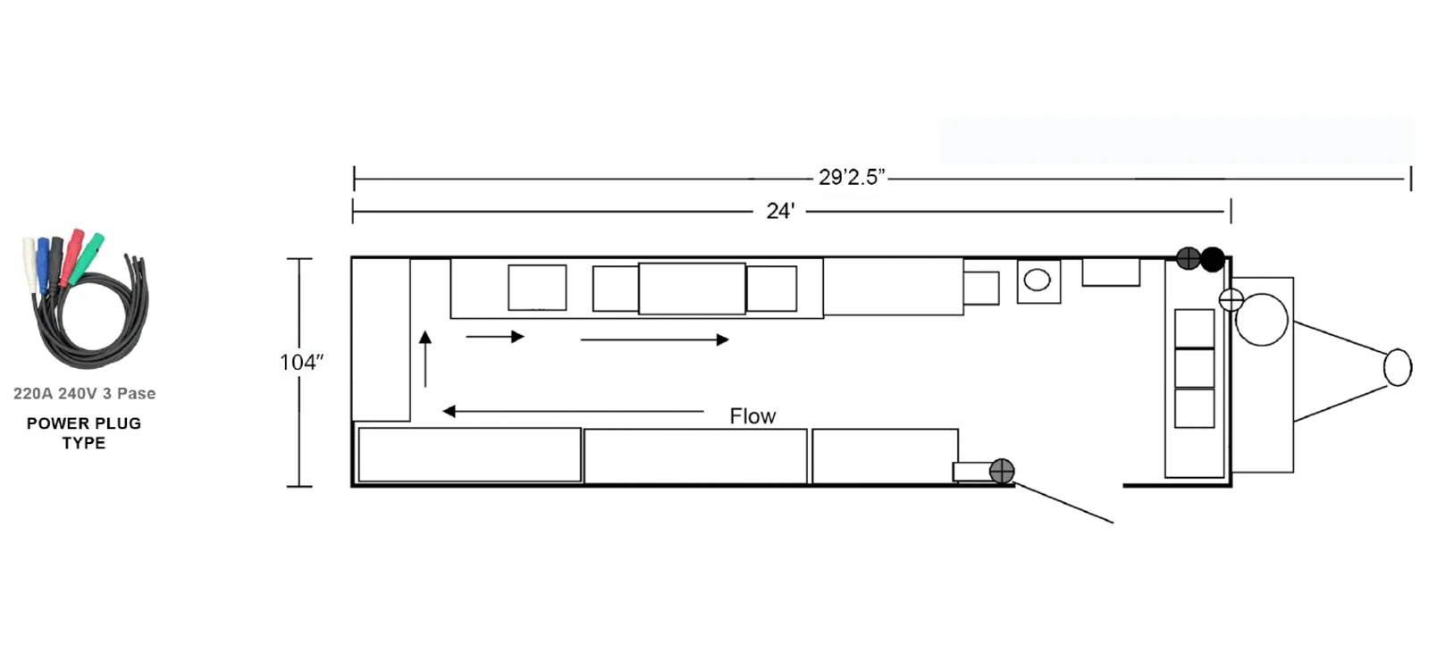 Dishwash Trailer plan view: dimensions & utilities.