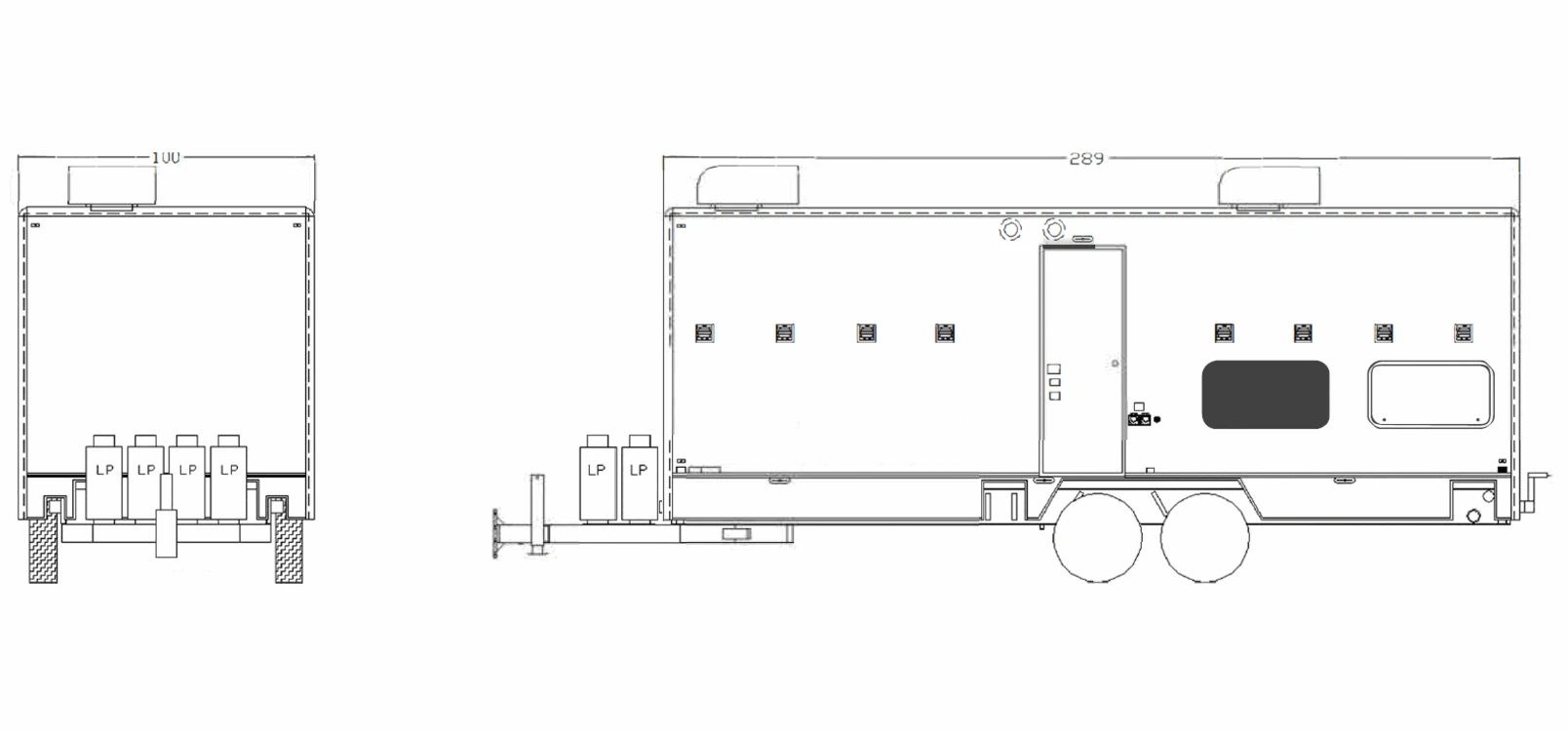 8-Set Laundry Trailer exterior view: front & roadside.