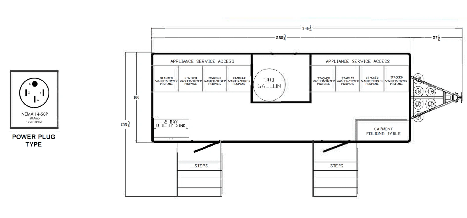 8-Set Laundry Trailer plan view: dimensions & utilities.