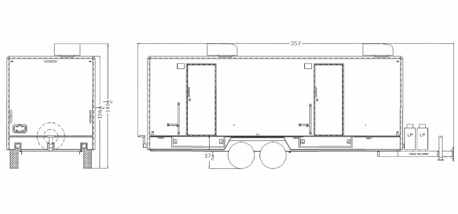 8-Set Laundry Trailer exterior view: rear & curbside.
