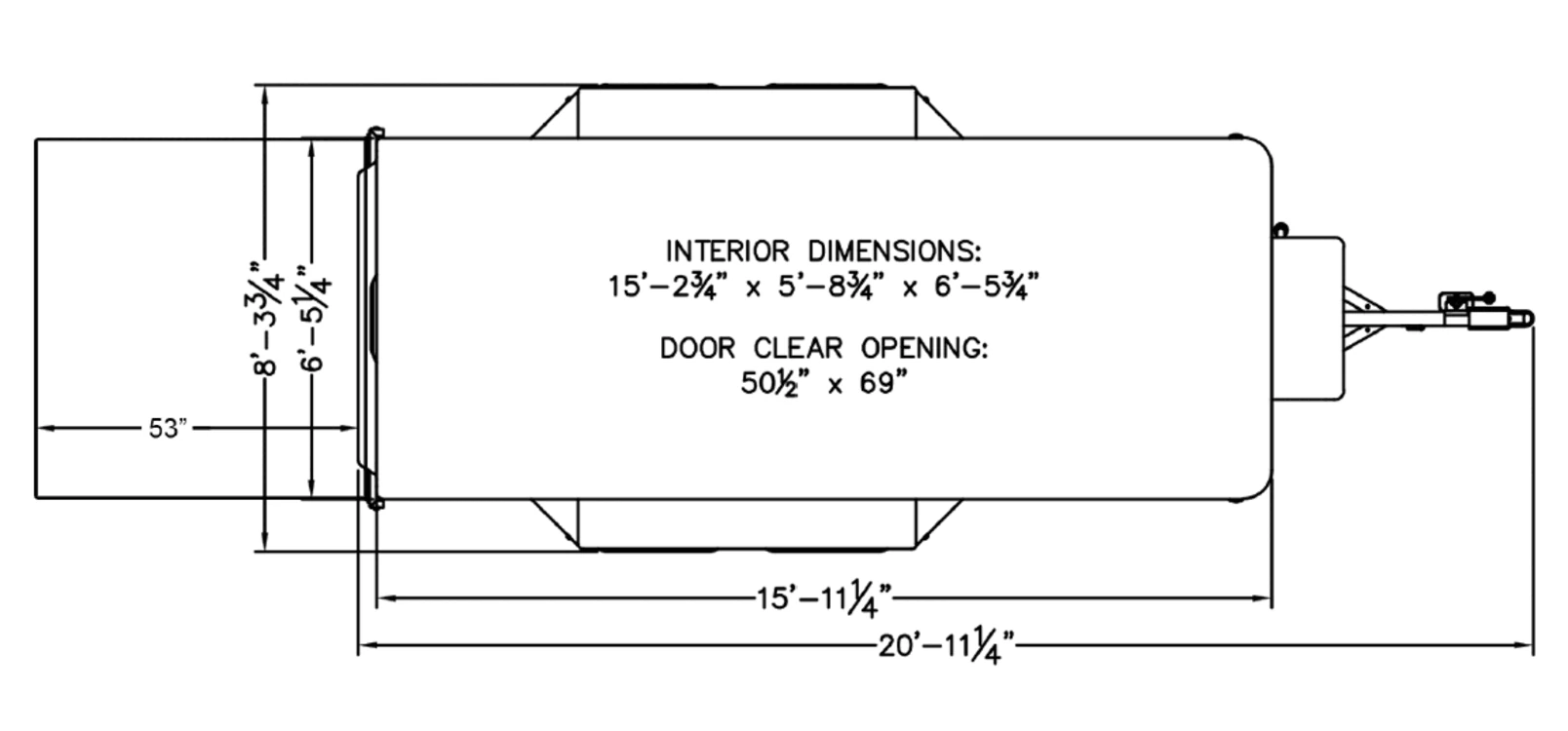 Refrigerated Freezer Trailer plan view: dimensions & utilities.