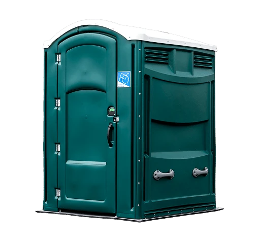 Green ADA portable toilet with a wide door.