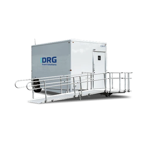 White DRG 1-stall shower trailer with a railed access ramp.