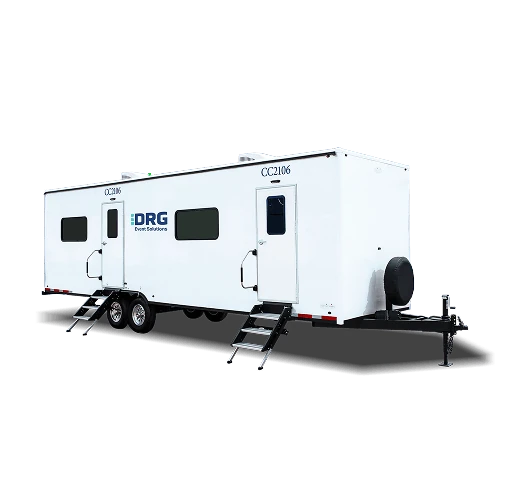 White DRG 30-foot command trailer with two sets of stairs.