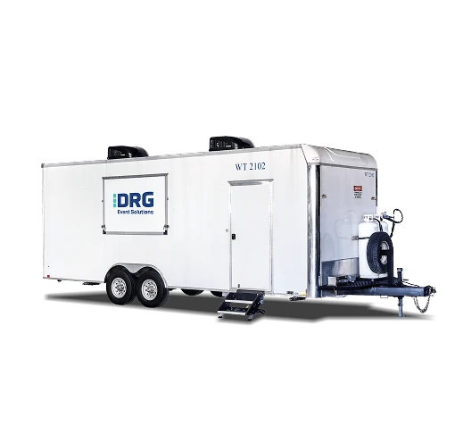 White DRG dishwash trailer with stairs.
