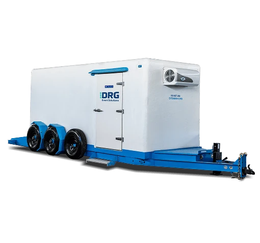 White refrigerated freezer trailer on a blue chassis.
