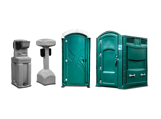 Hand-washing station, hand-sanitizer stand, and two green portable toilets.